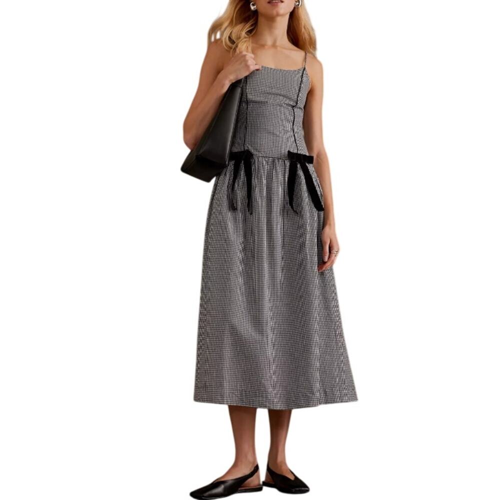 Damson Madder Black Gingham Persephone Midi Dress Velvet Bows-Cottage